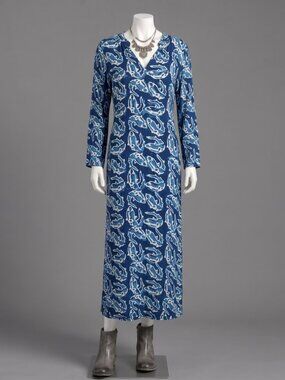 Charlie Paige Blue Fish Maxi Dress Batik Kaftan Modest Cover Boho Resort Beach M
